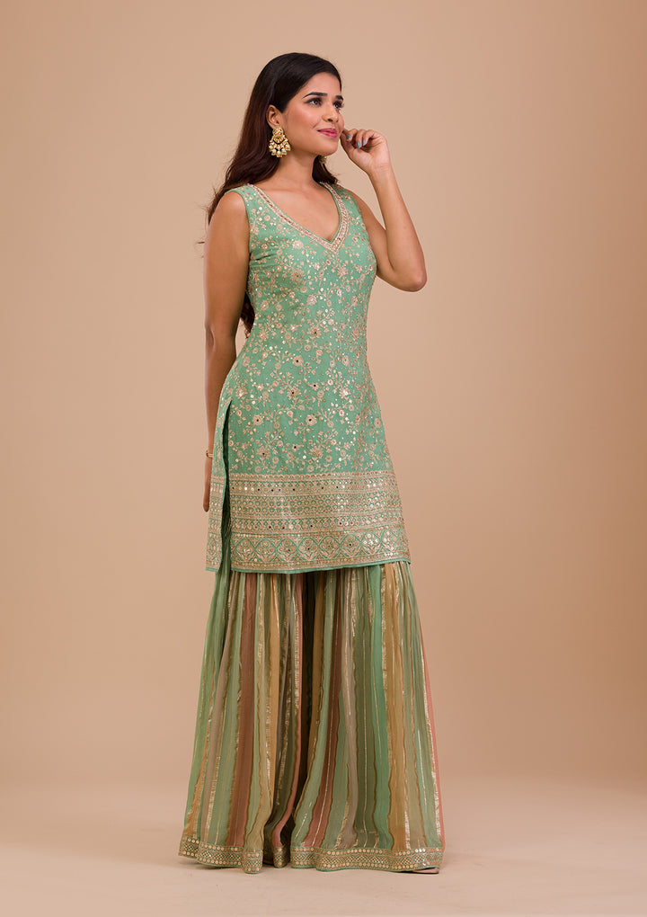 Pista Green Zariwork Georgette Readymade Salwar Kameez-Koskii