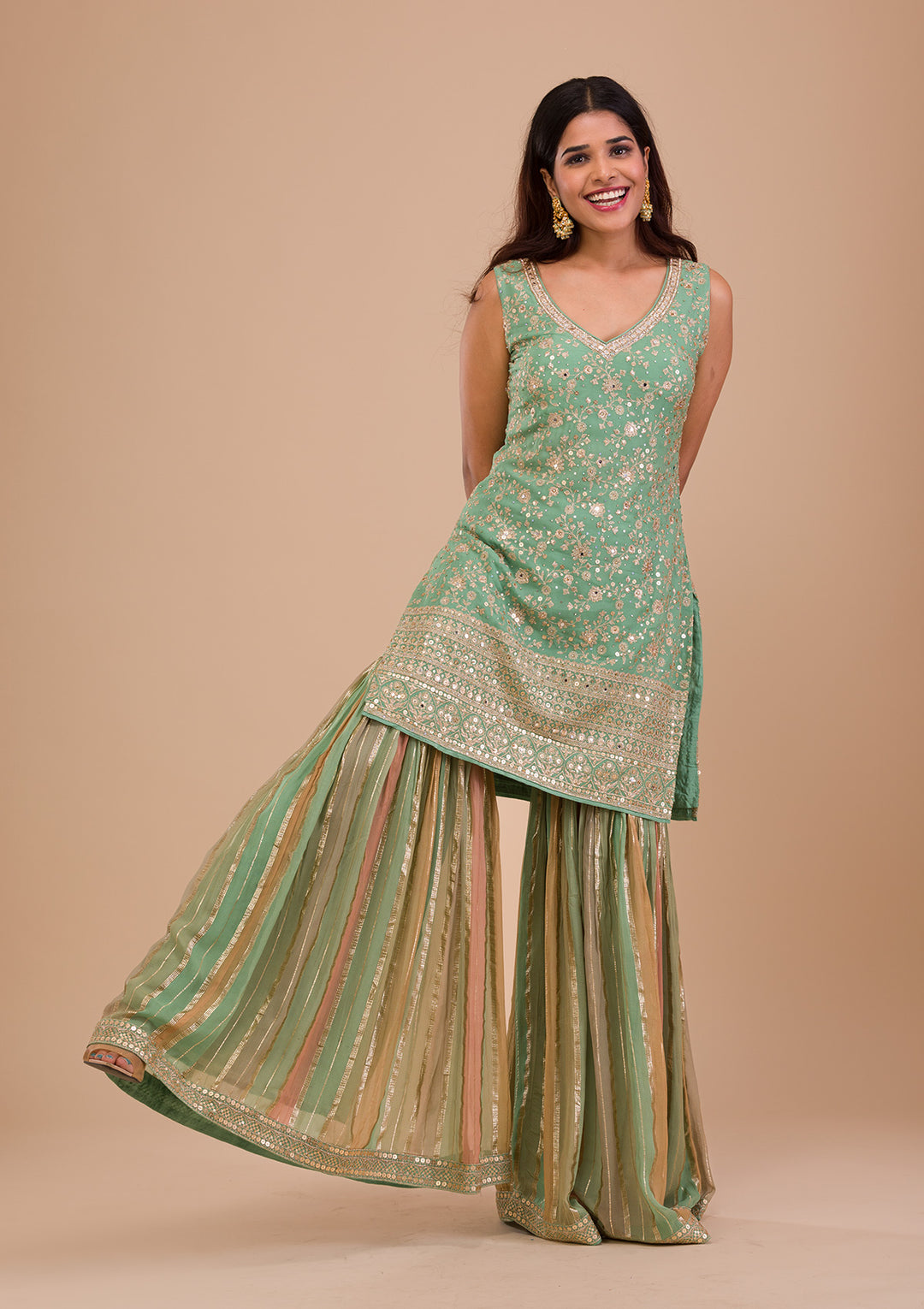 Pista Green Zariwork Georgette Readymade Salwar Kameez-Koskii
