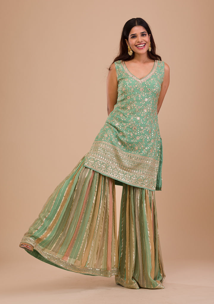 Pista Green Zariwork Georgette Readymade Salwar Kameez-Koskii