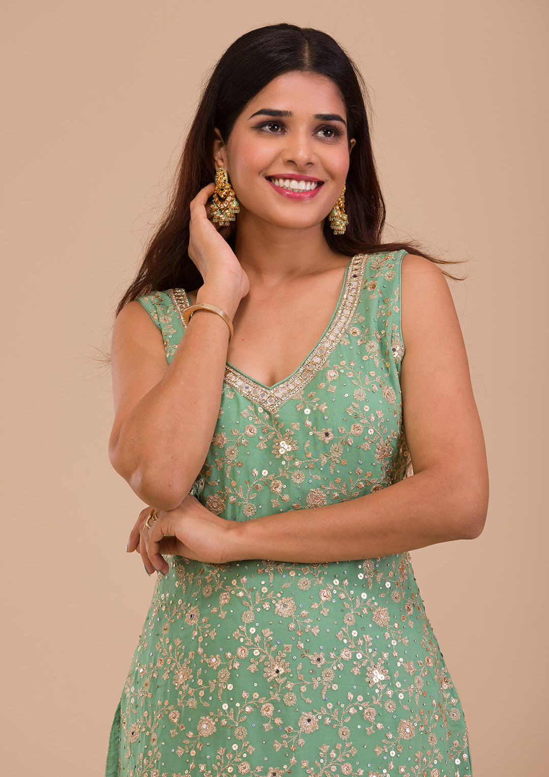 Pista Green Zariwork Georgette Readymade Salwar Kameez-Koskii