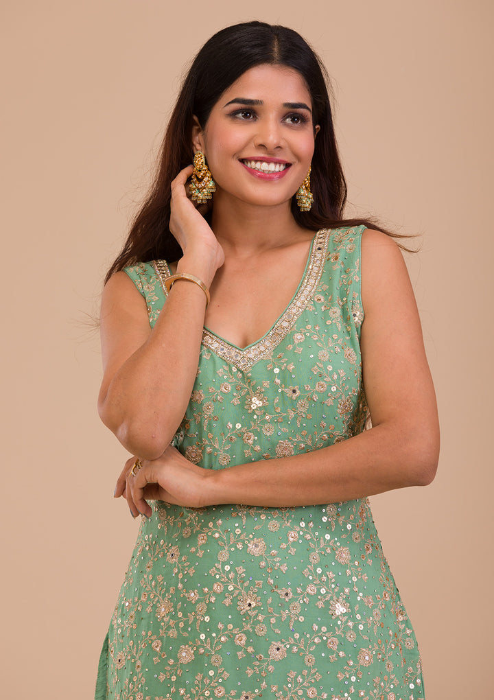 Pista Green Zariwork Georgette Readymade Salwar Kameez-Koskii