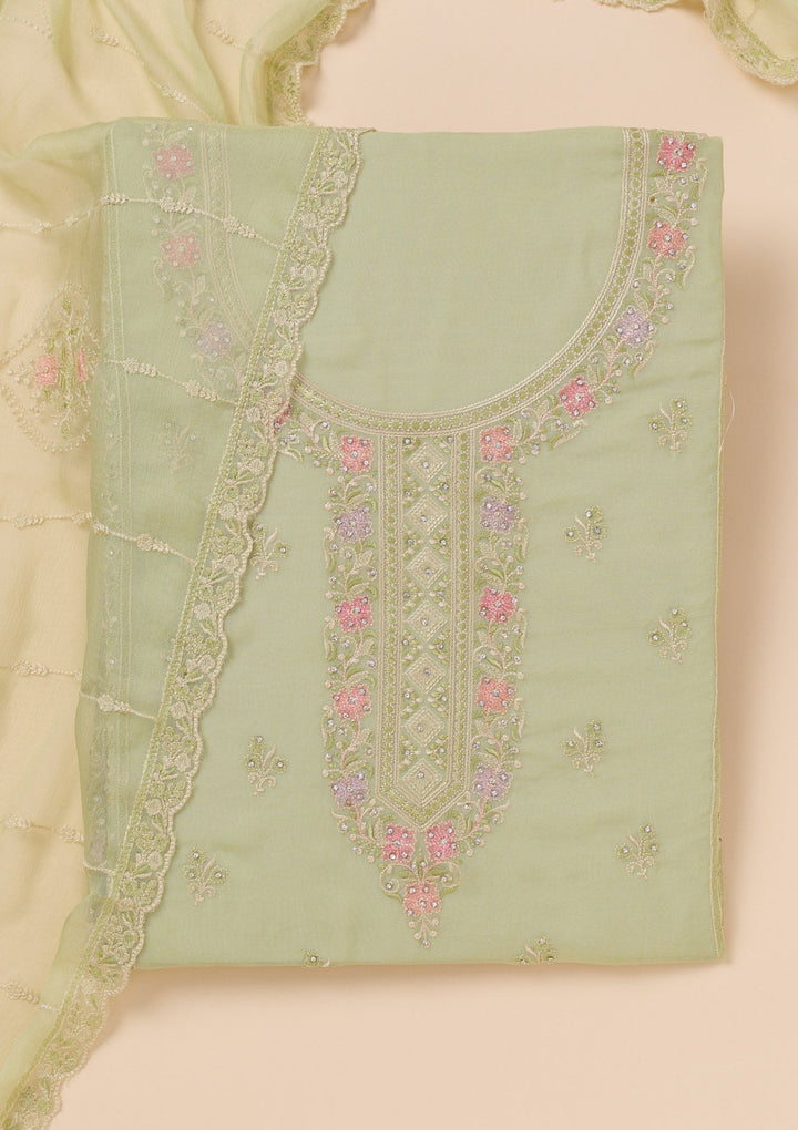 Pista Green Zariwork Georgette Unstitched Salwar Suit-Koskii