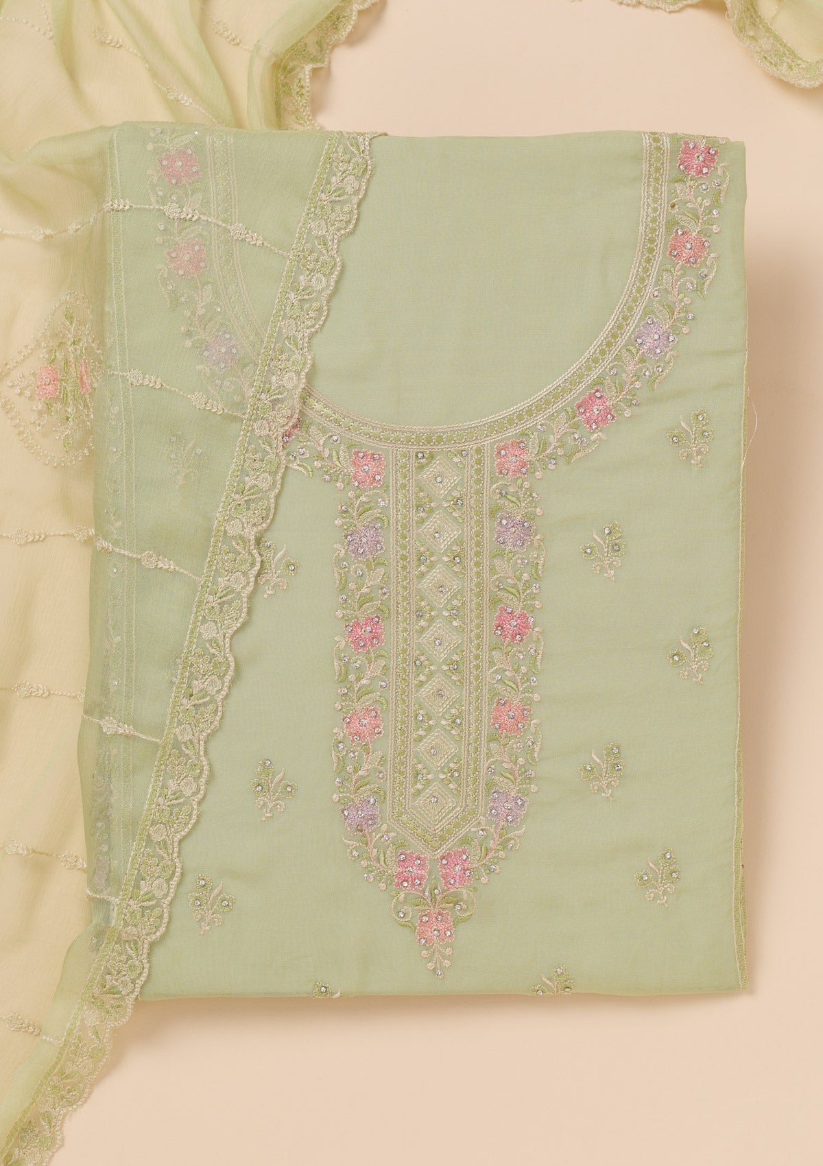 Pista Green Zariwork Georgette Unstitched Salwar Suit-Koskii
