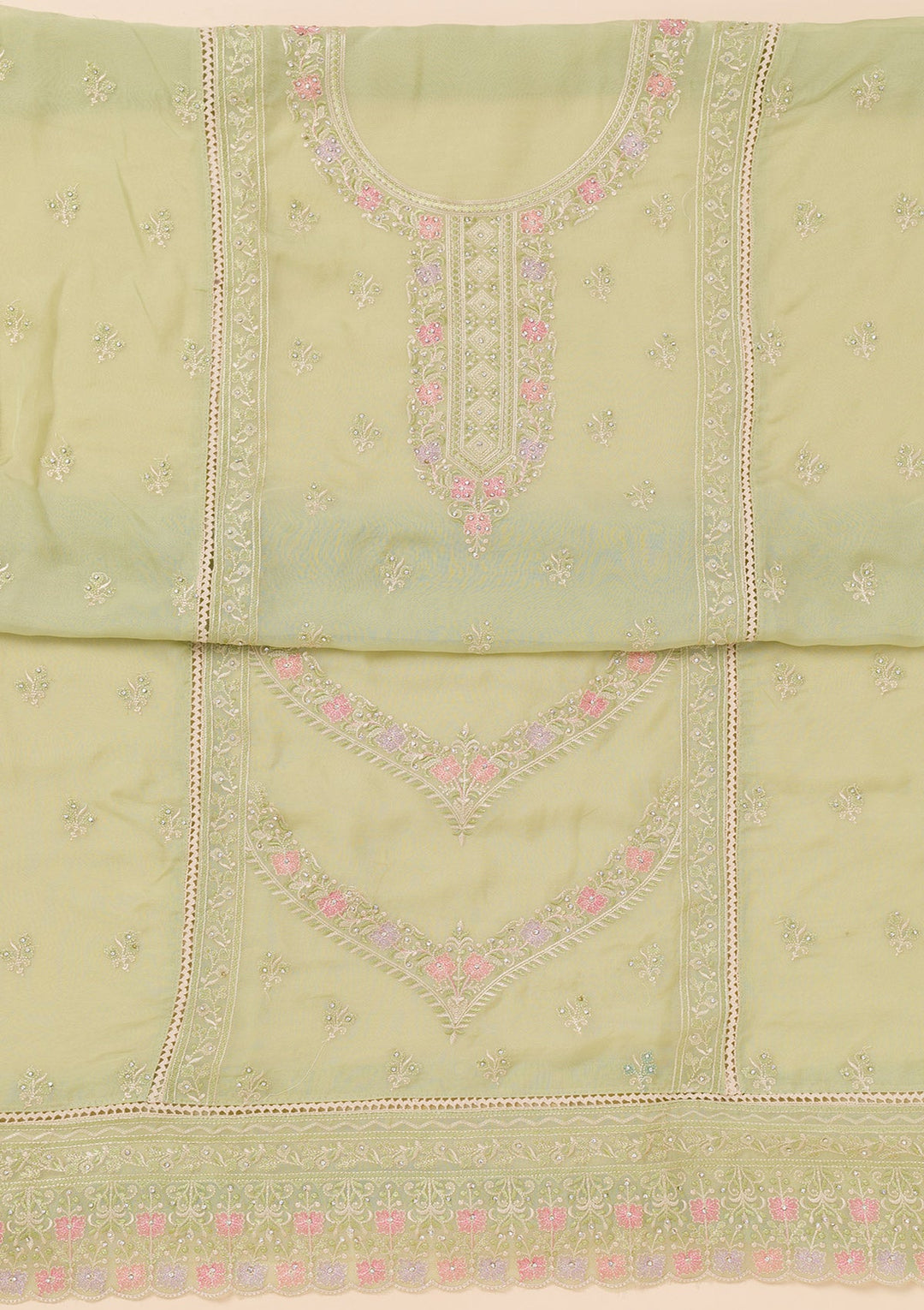 Pista Green Zariwork Georgette Unstitched Salwar Suit-Koskii