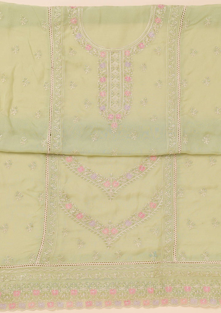 Pista Green Zariwork Georgette Unstitched Salwar Suit-Koskii