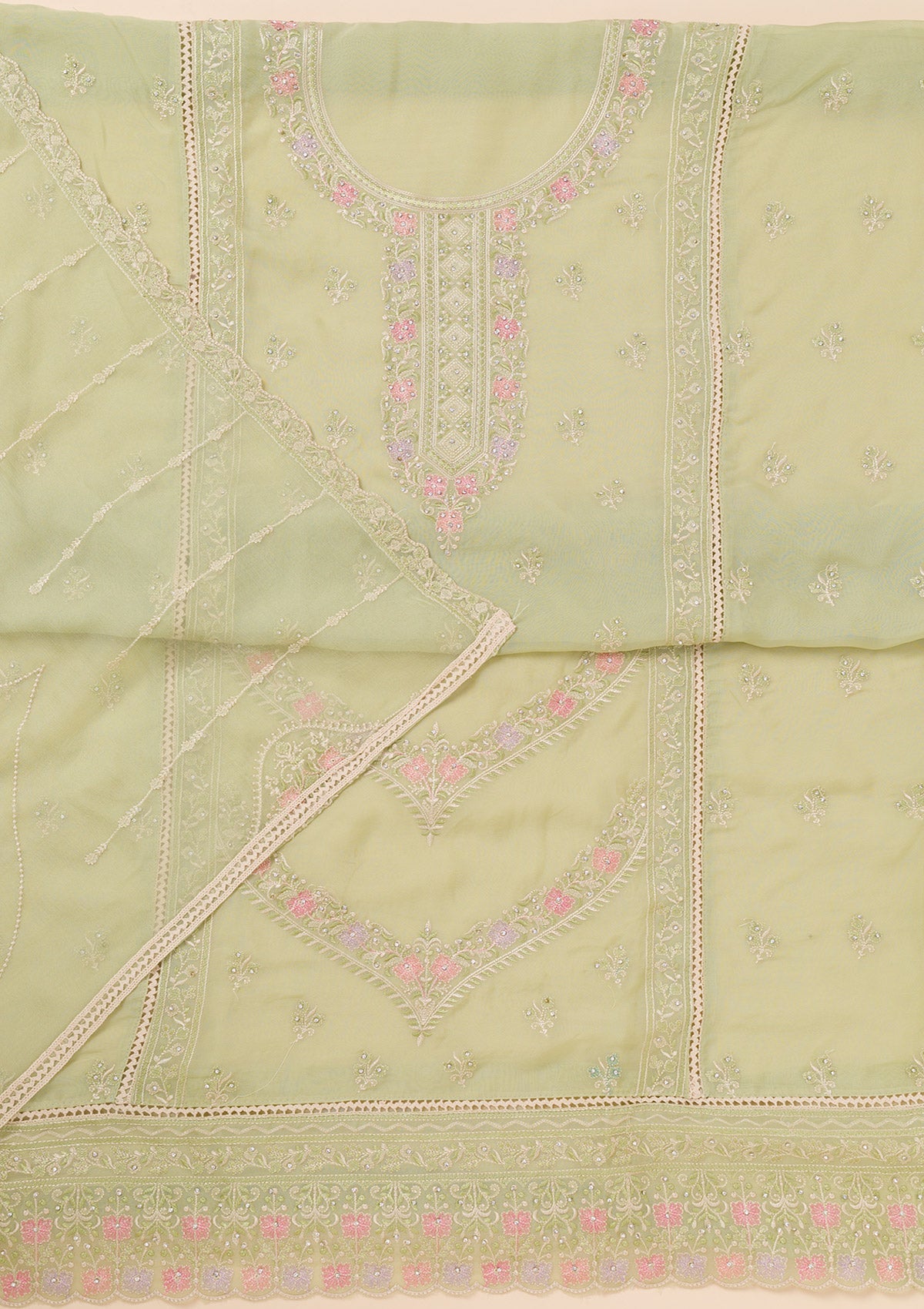 Pista Green Zariwork Georgette Unstitched Salwar Suit-Koskii