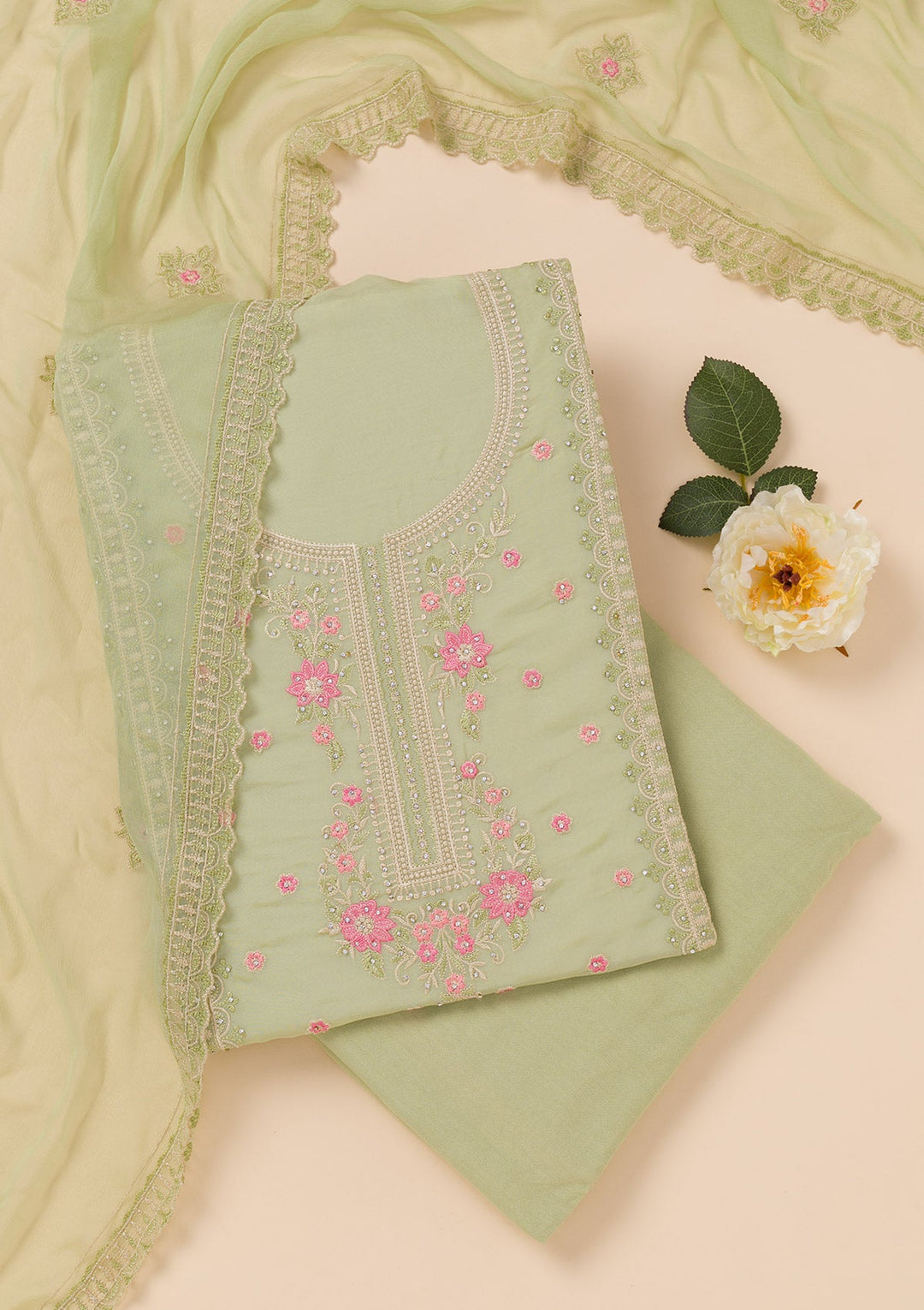 Pista Green Zariwork Georgette Unstitched Salwar Suit-Koskii