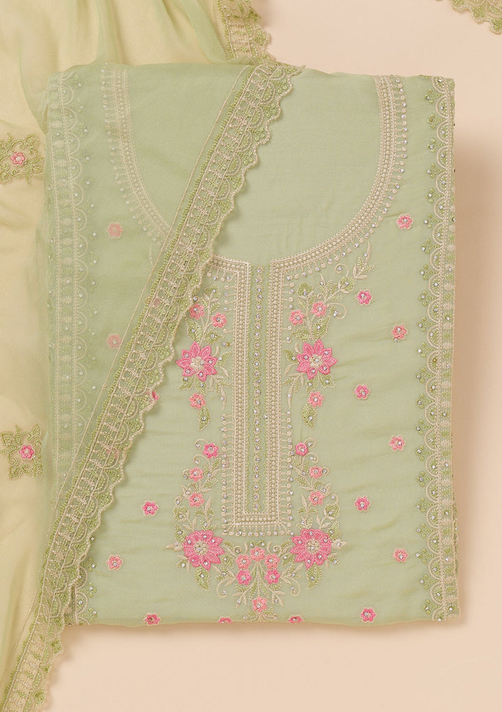 Pista Green Zariwork Georgette Unstitched Salwar Suit-Koskii