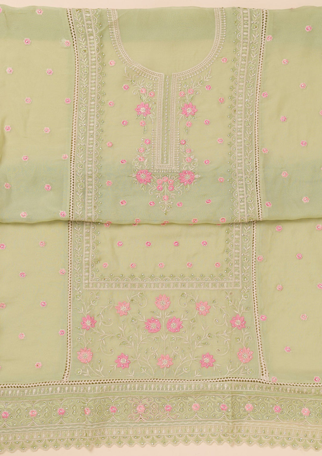 Pista Green Zariwork Georgette Unstitched Salwar Suit-Koskii