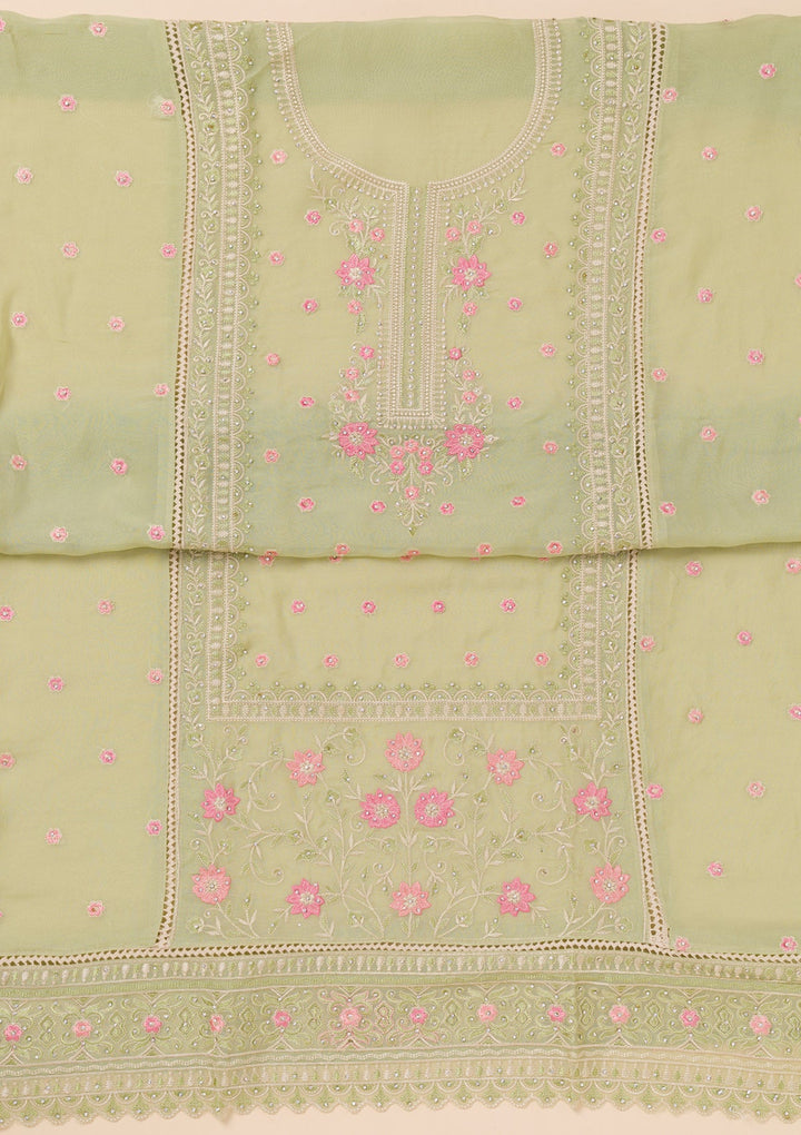 Pista Green Zariwork Georgette Unstitched Salwar Suit-Koskii