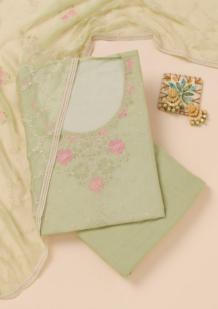Pista Green Zariwork Georgette Unstitched Salwar Suit-Koskii