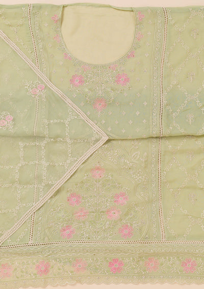 Pista Green Zariwork Georgette Unstitched Salwar Suit-Koskii