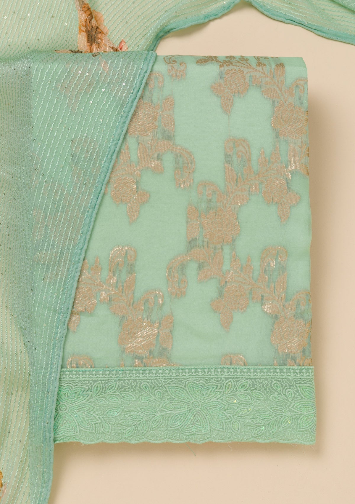 Pista Green Zariwork Georgette Unstitched Salwar Suit-Koskii