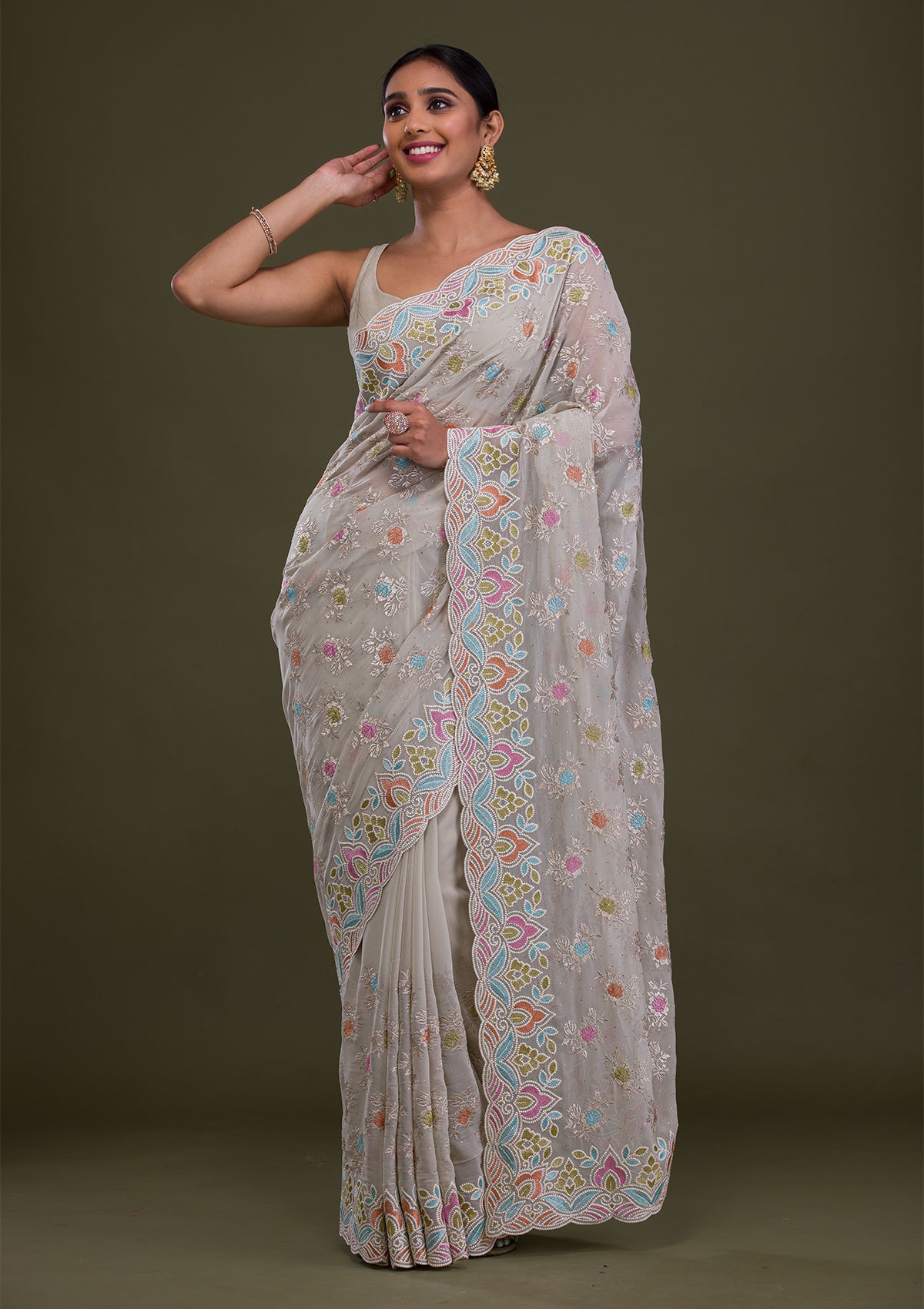 Pista Green Zariwork Georgette Saree-Koskii