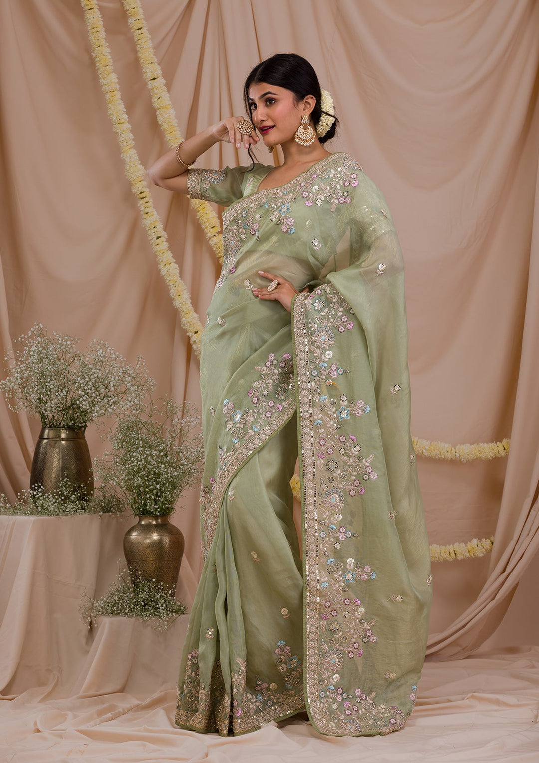 Pista Green Zariwork Net Saree-Koskii