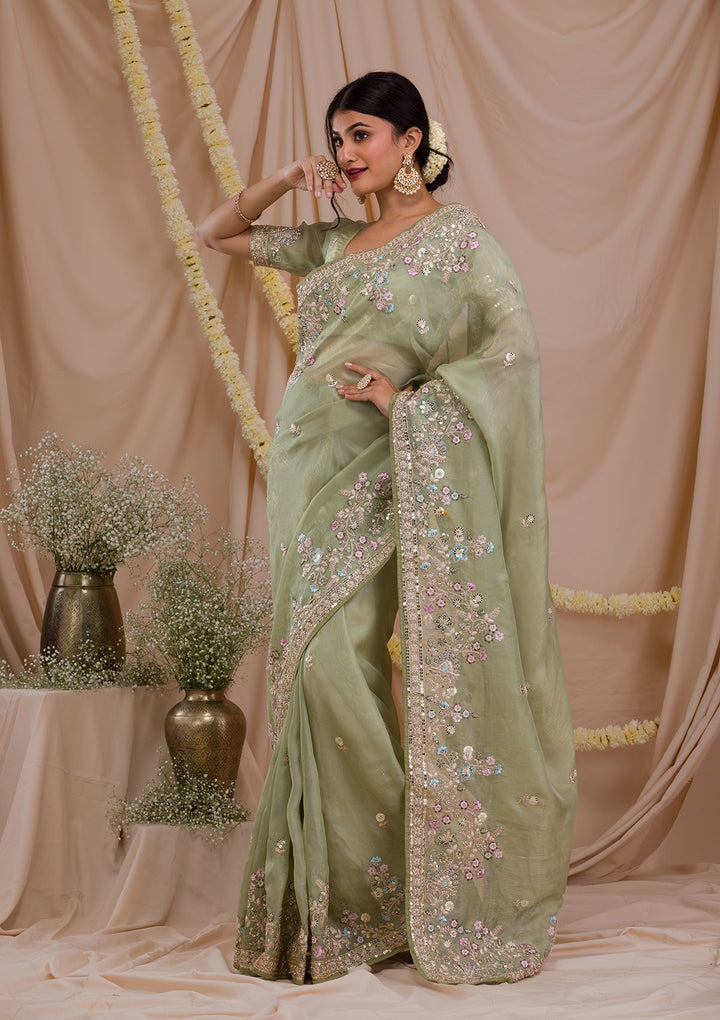 Pista Green Zariwork Net Saree-Koskii