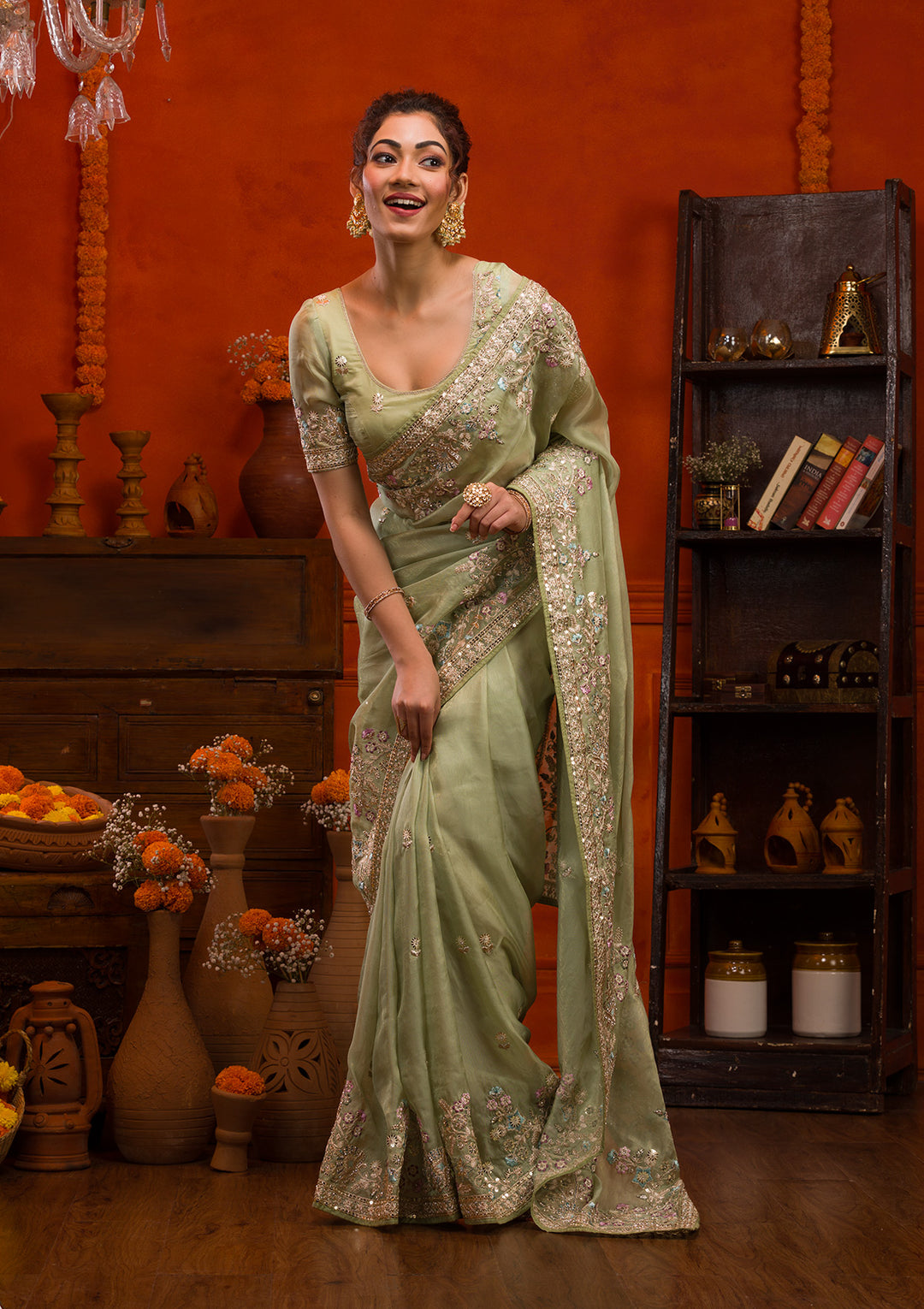 Buy Pista Green Zariwork Net Saree - Koskii