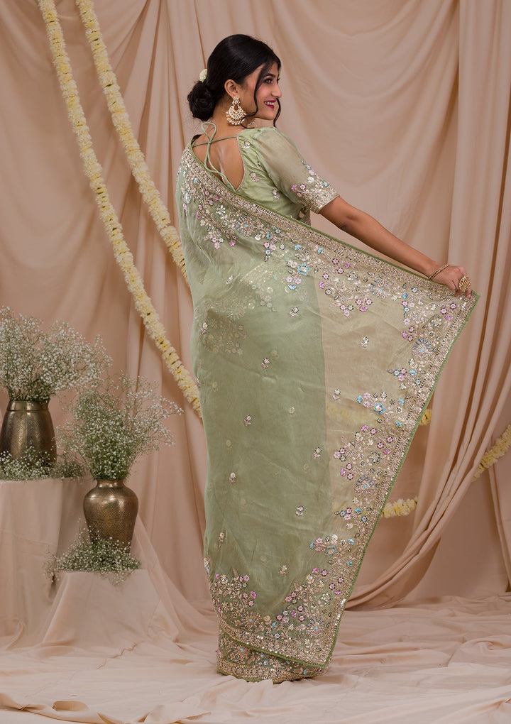 Pista Green Zariwork Net Saree-Koskii