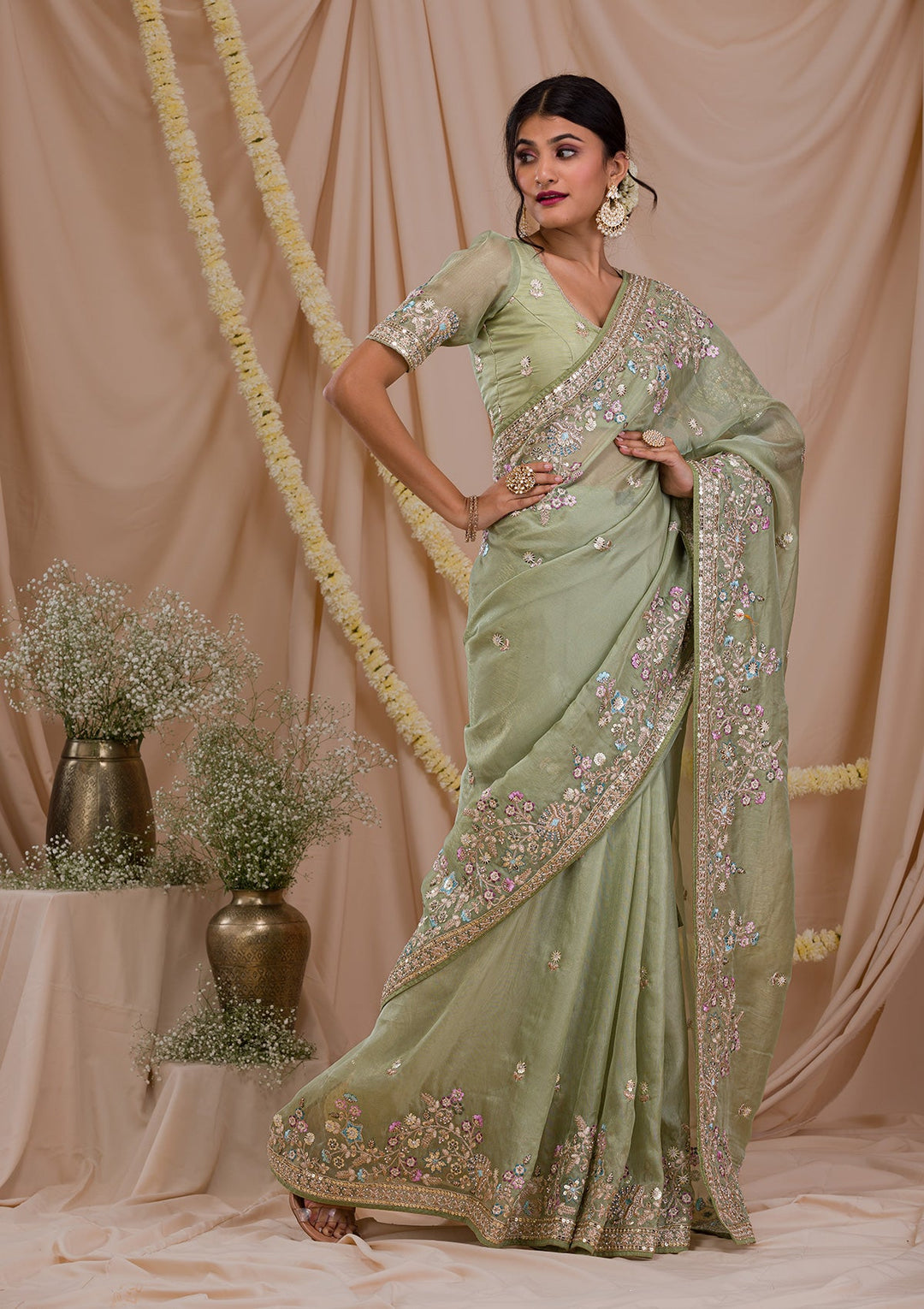 Pista Green Zariwork Net Saree-Koskii