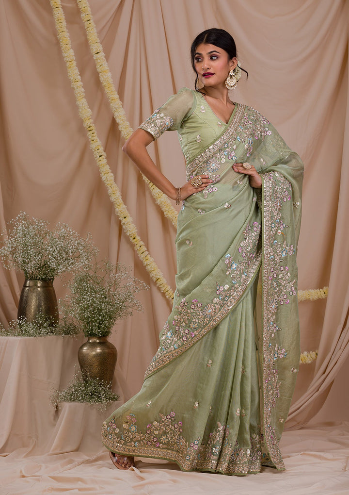 Pista Green Zariwork Net Saree-Koskii