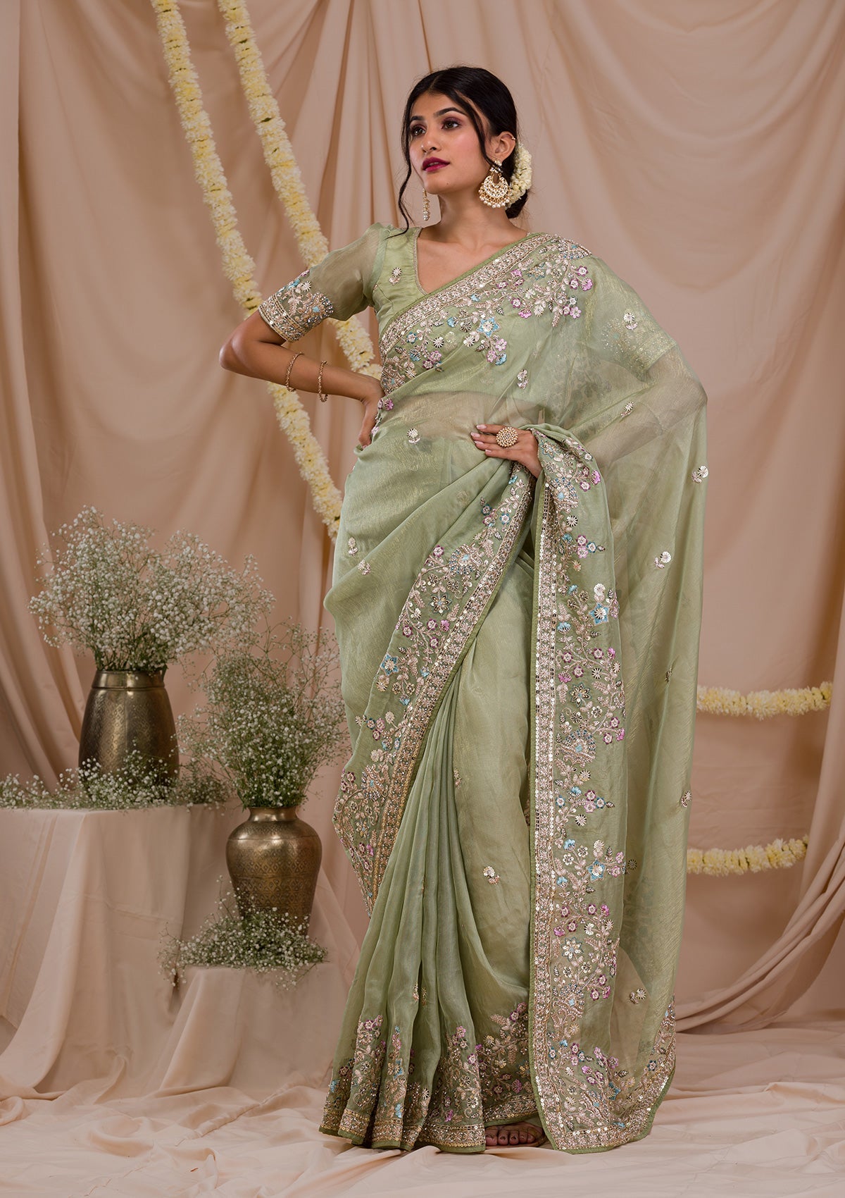Pista Green Zariwork Net Saree-Koskii