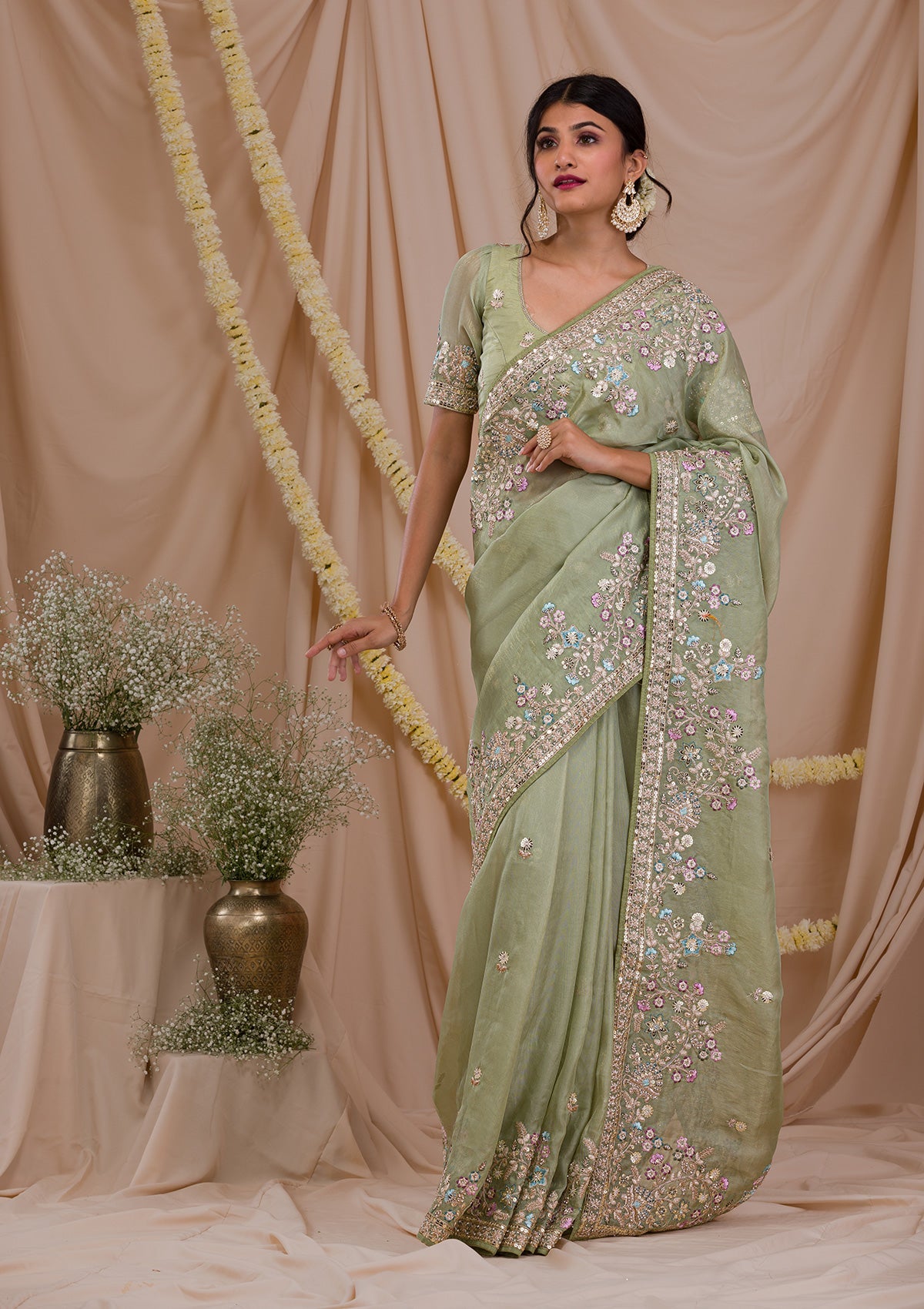 Pista Green Zariwork Net Saree-Koskii