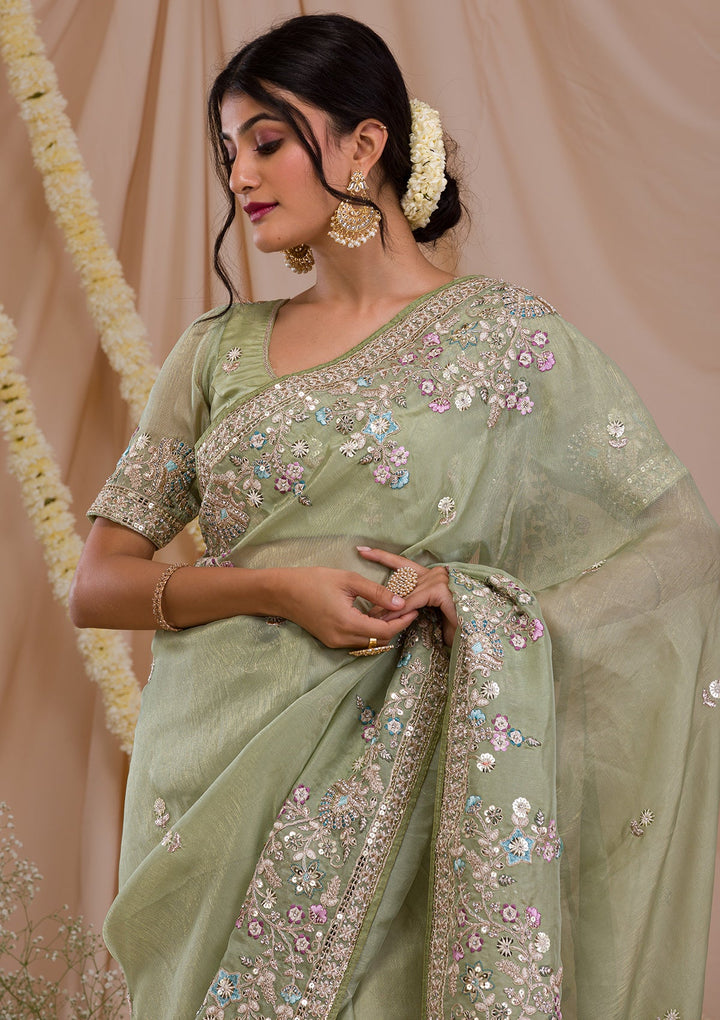 Pista Green Zariwork Net Saree-Koskii