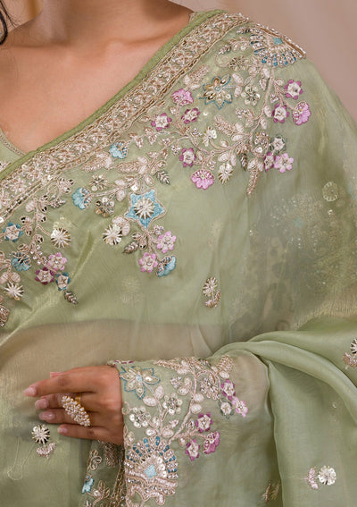 Pista Green Zariwork Net Saree-Koskii