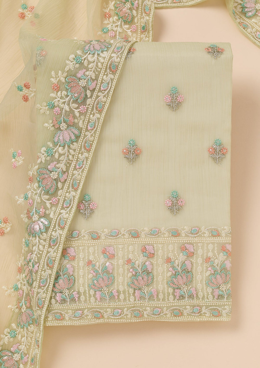 Pista Green Zariwork Organza Unstitched Salwar Suit-Koskii