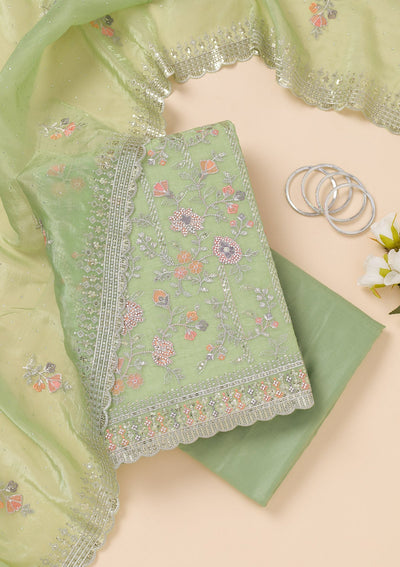 Pista Green Zariwork Organza Unstitched Salwar Suit-Koskii