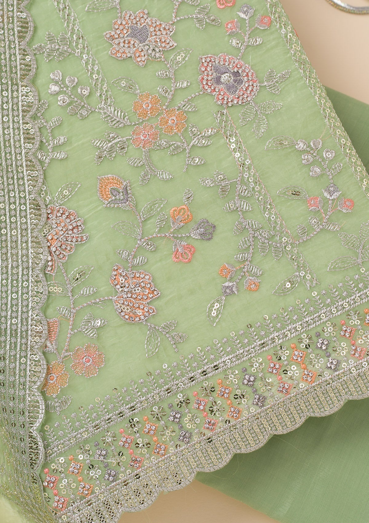 Pista Green Zariwork Organza Unstitched Salwar Suit-Koskii