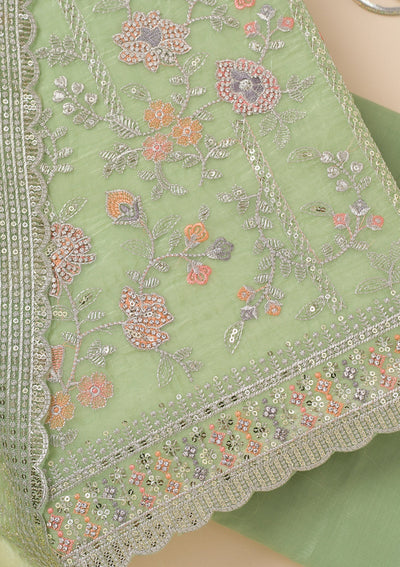 Pista Green Zariwork Organza Unstitched Salwar Suit-Koskii