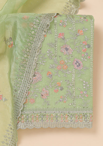 Pista Green Zariwork Organza Unstitched Salwar Suit-Koskii