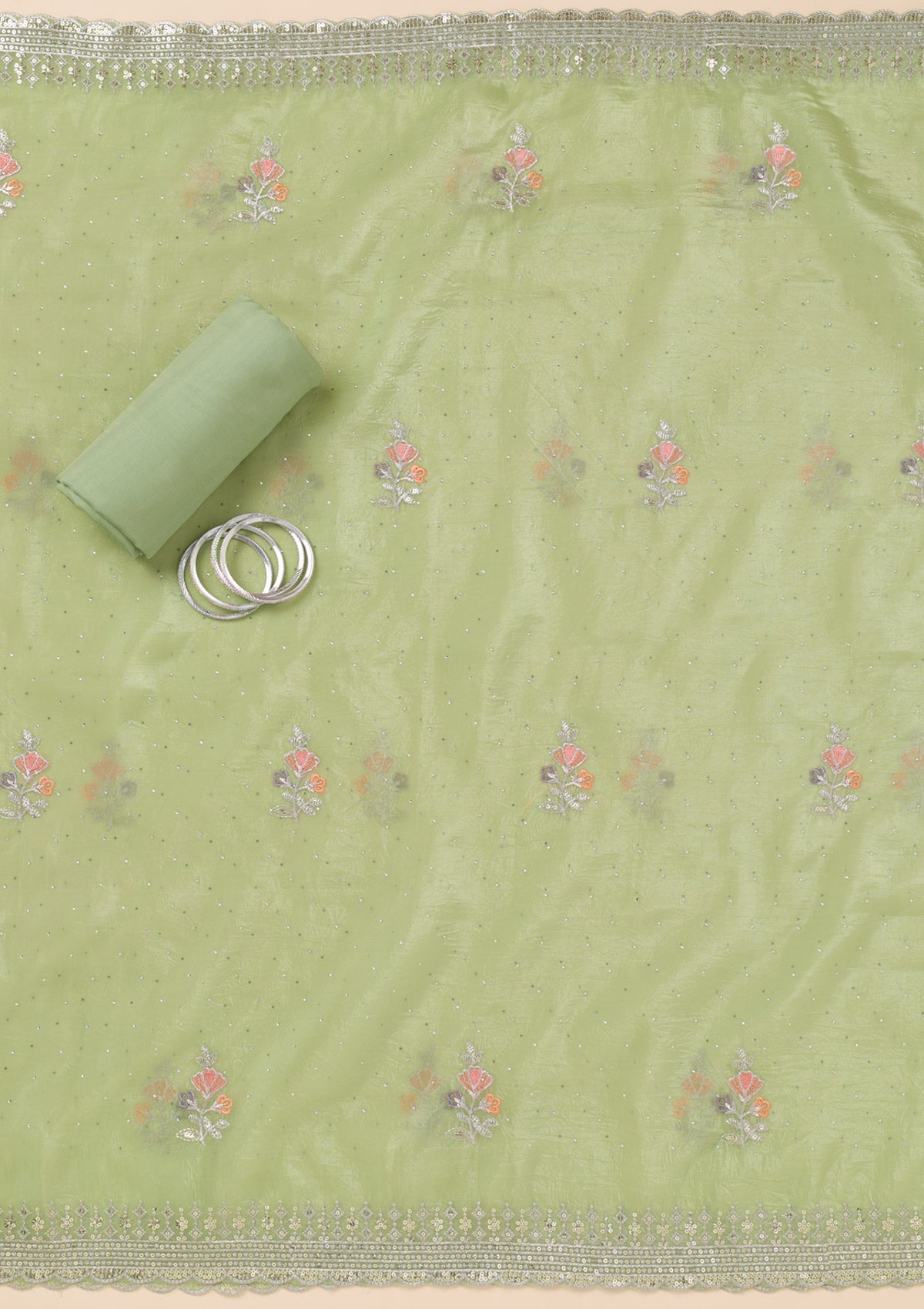 Pista Green Zariwork Organza Unstitched Salwar Suit-Koskii
