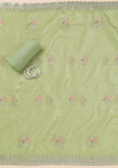 Pista Green Zariwork Organza Unstitched Salwar Suit-Koskii