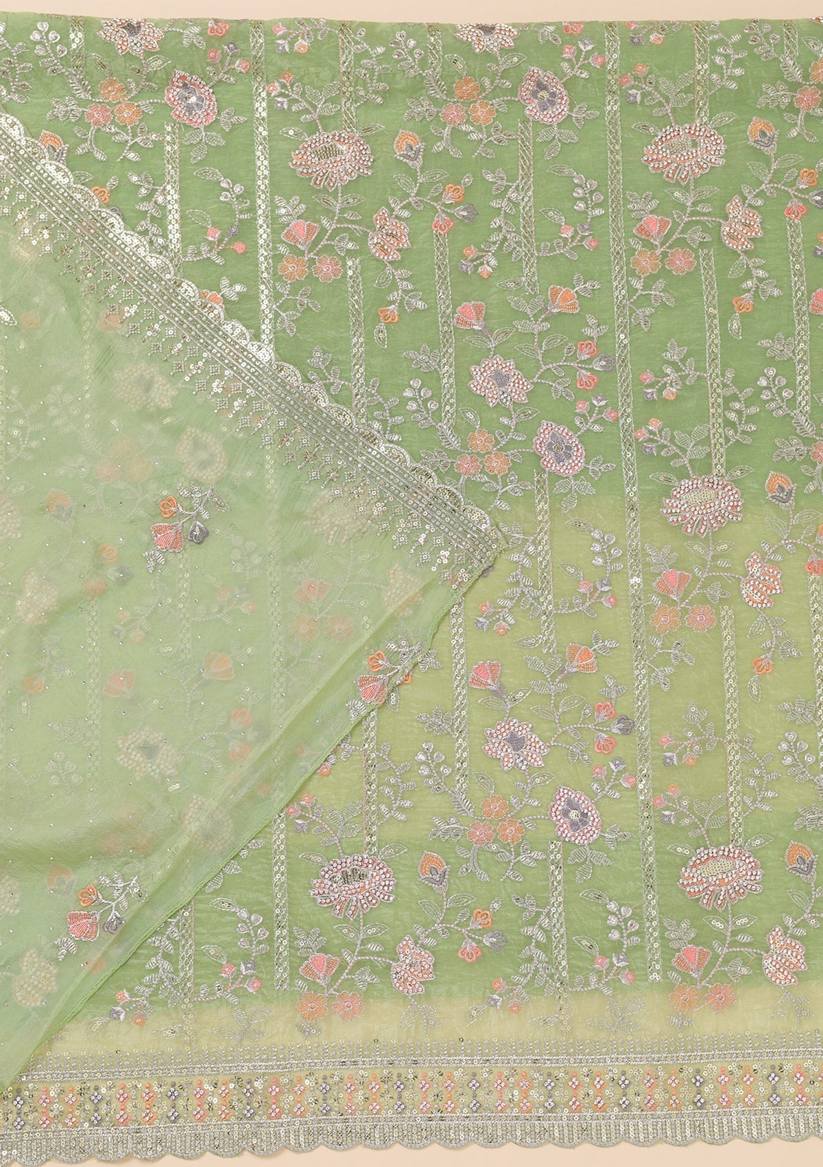 Pista Green Zariwork Organza Unstitched Salwar Suit-Koskii