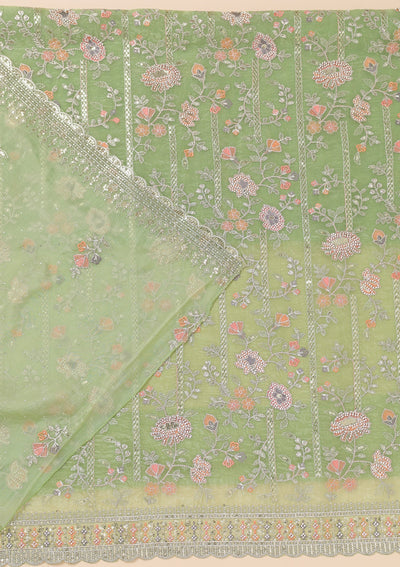 Pista Green Zariwork Organza Unstitched Salwar Suit-Koskii