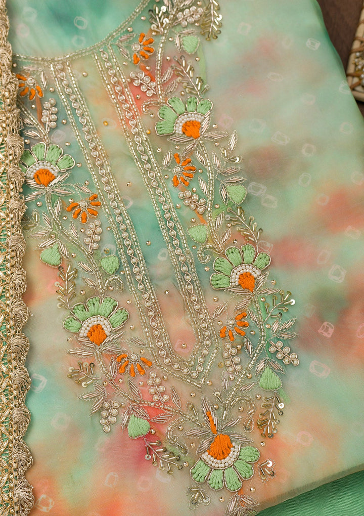 Pista Green Zariwork Organza Unstitched Salwar Suit-Koskii