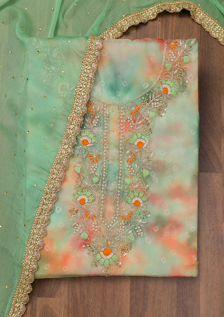 Pista Green Zariwork Organza Unstitched Salwar Suit-Koskii