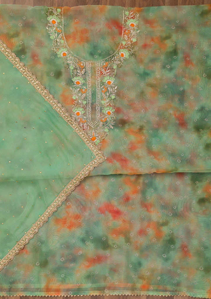 Pista Green Zariwork Organza Unstitched Salwar Suit-Koskii