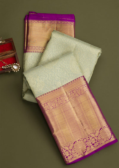 Pista Green Gold and Silver Zariwork Pure Silk Saree - Koskii