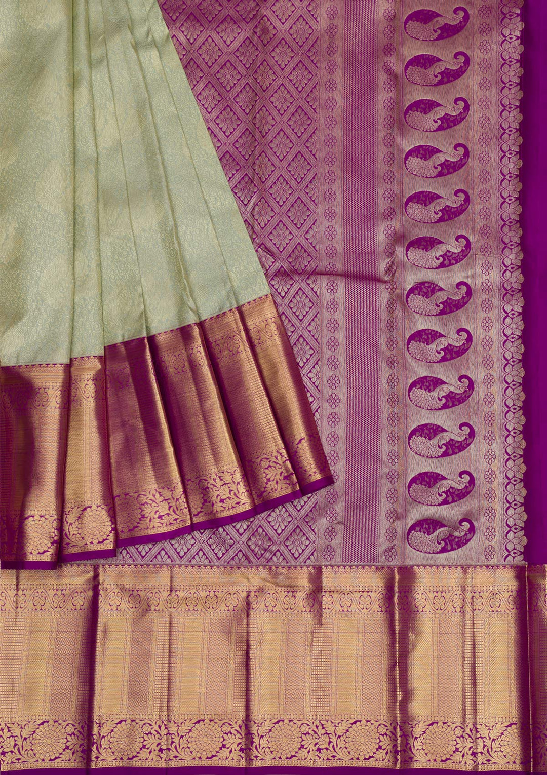Pista Green Gold and Silver Zariwork Pure Silk Saree - Koskii