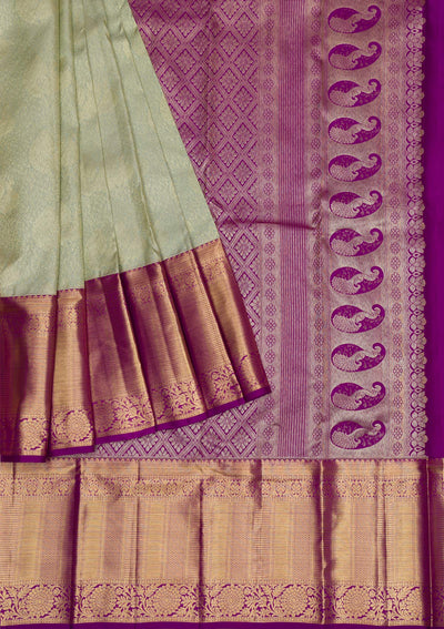 Pista Green Gold and Silver Zariwork Pure Silk Saree - Koskii