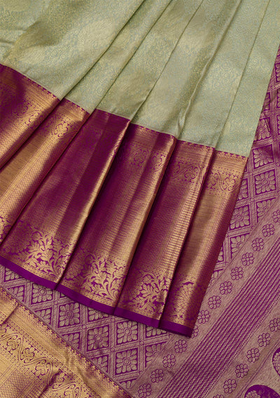 Pista Green Gold and Silver Zariwork Pure Silk Saree - Koskii