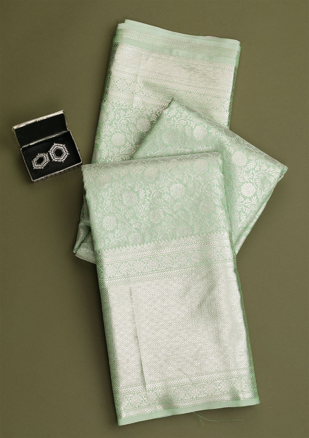 Pista Green Silver Zariwork Pure Silk Saree - Koskii