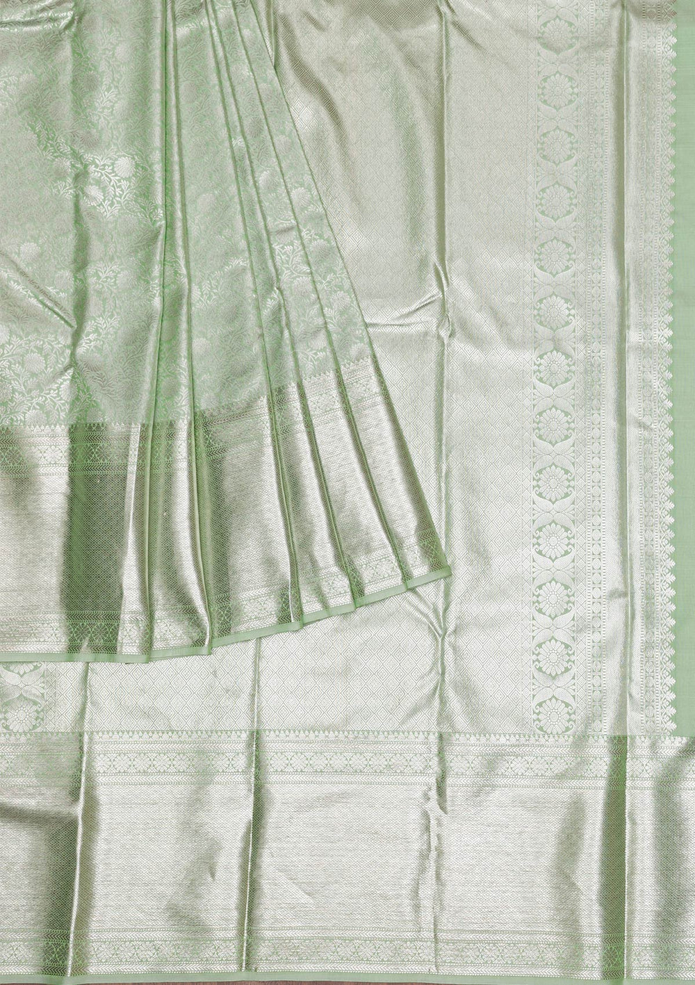 Pista Green Silver Zariwork Pure Silk Saree - Koskii
