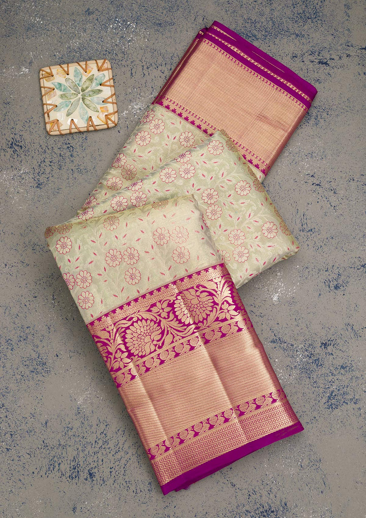 Pista Green Zariwork Pure Silk Saree-Koskii