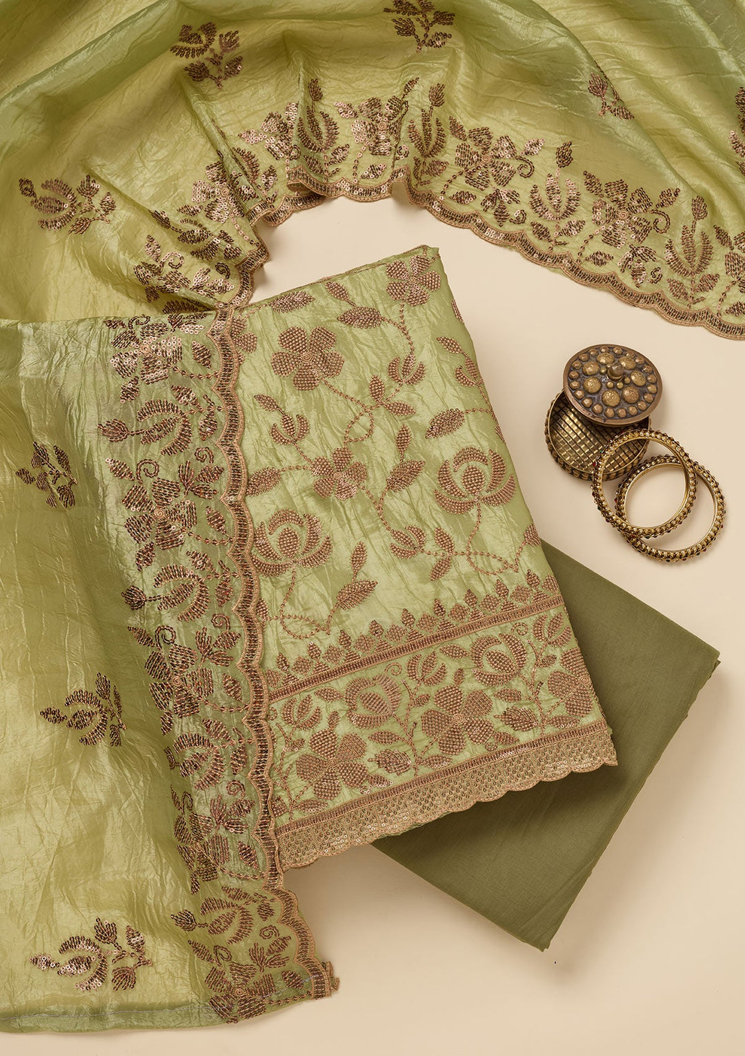 Pista Green Zariwork Raw Silk Unstitched Salwar Suit-Koskii