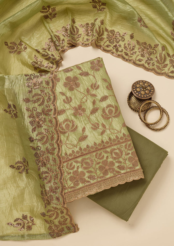 Pista Green Zariwork Raw Silk Unstitched Salwar Suit-Koskii