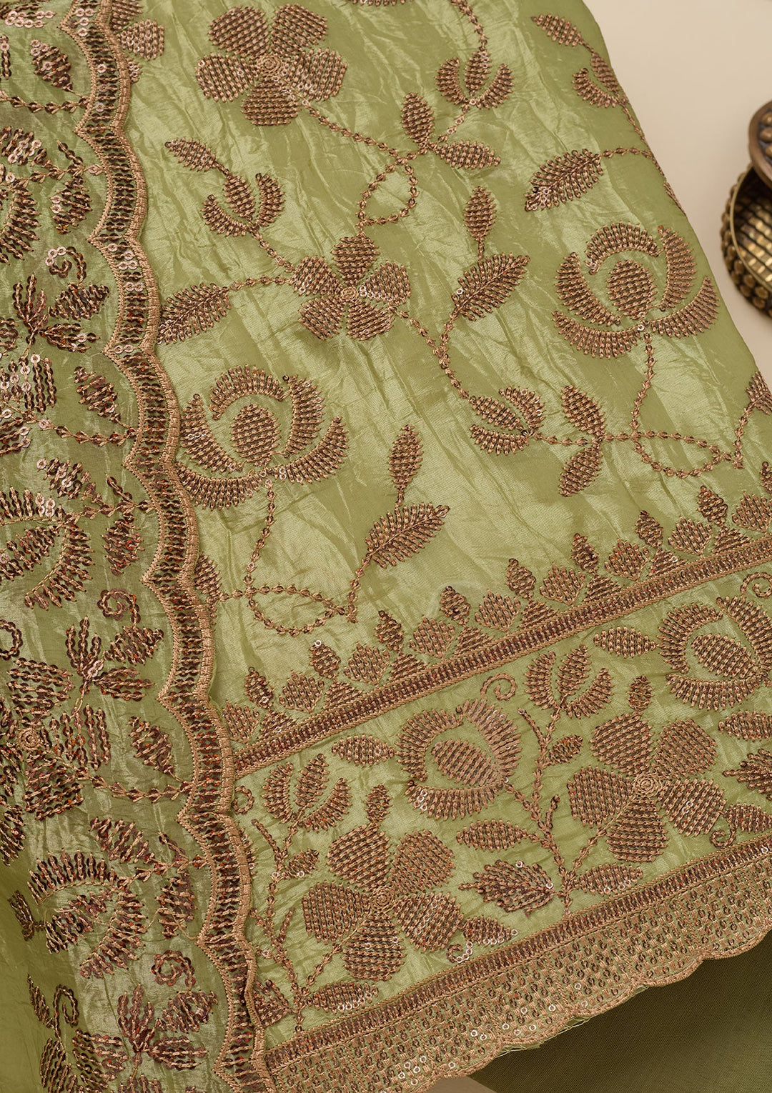 Pista Green Zariwork Raw Silk Unstitched Salwar Suit-Koskii